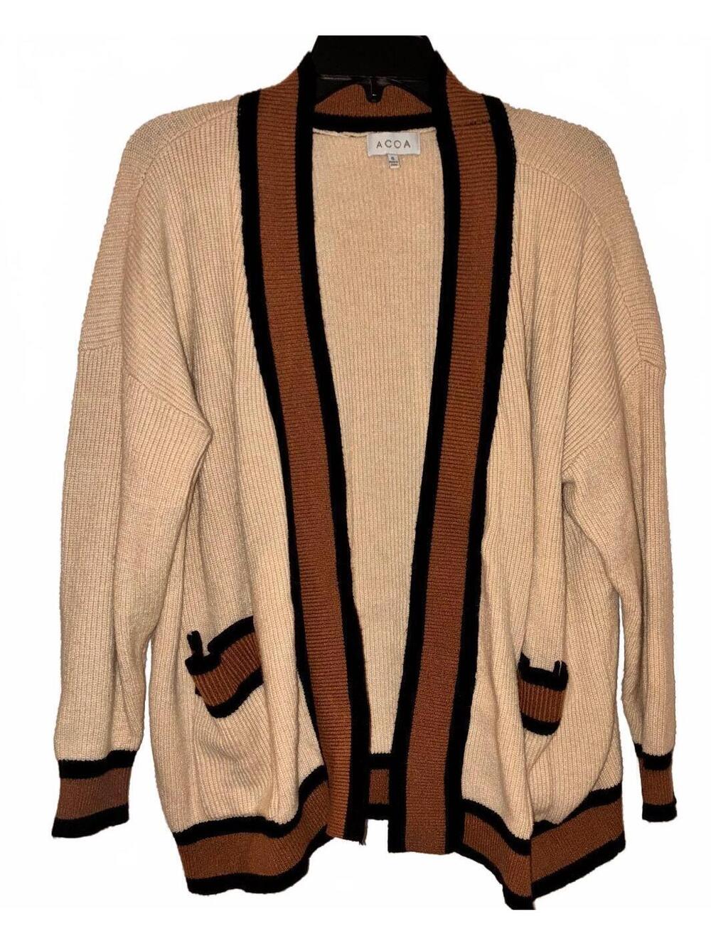 ACOA Beige Open Front Cardigan with Black and Brown Trim, Size Small
